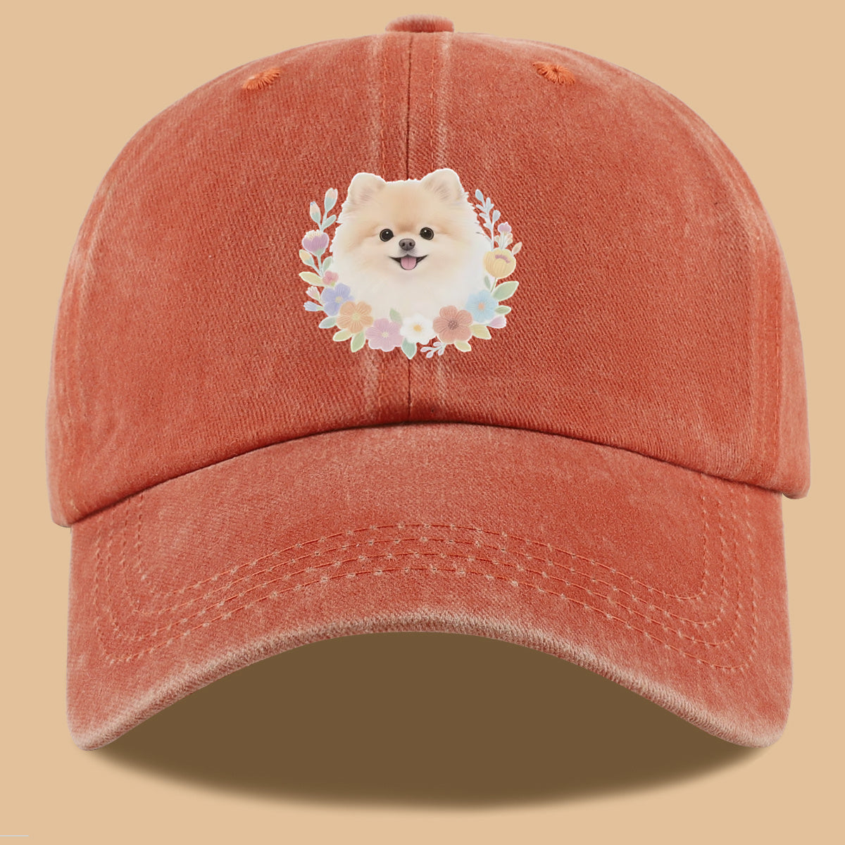 1pc Cute Pomeranian Dog Floral Surround Print Baseball Cap, Adorable Cartoon Breathable Sun Hat, Fashionable Fresh Aesthetic Unisex Cap, Adjustable Size Casual Streetwear, Campus Student Hat, Suitable for Daily Commuting, Park Outings