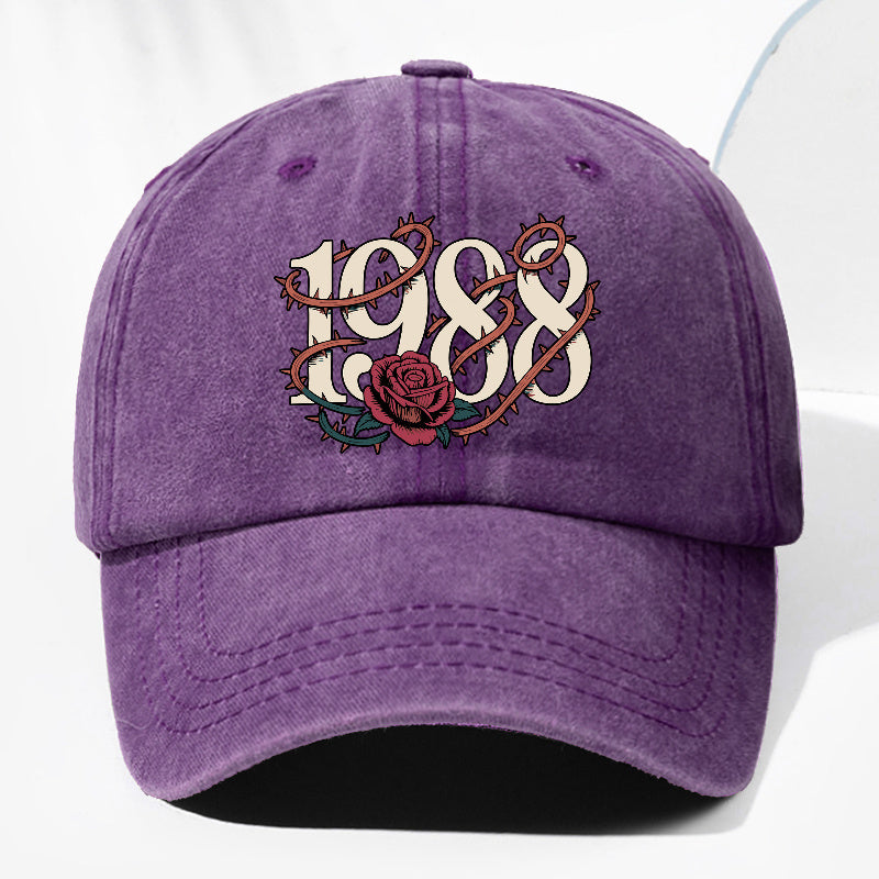 Unisex Thorn Flower 1988 Print Washed Vintage Baseball Cap, Fashionable Sun Outdoor Hat for Men and Women, Adjustable Trucker Hat Suitable for All Seasons and Daily Wear