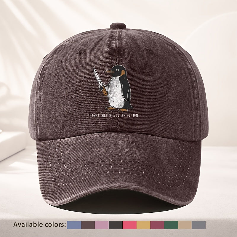 Unisex Baseball Cap, Vintage Cute Penguin Fun Print Baseball Cap, Adjustable for Men And Women, Quirky Street Style with Distressed Look, Top Choice for Personalized Outfits, Washed-Out Effect, Everyday Casual Hat