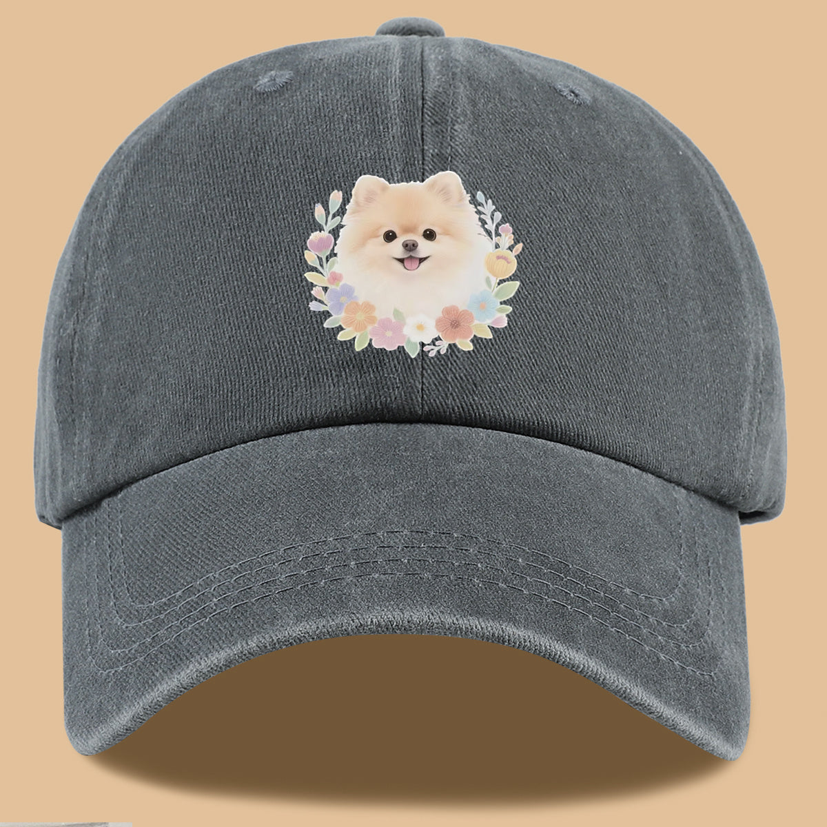 1pc Cute Pomeranian Dog Floral Surround Print Baseball Cap, Adorable Cartoon Breathable Sun Hat, Fashionable Fresh Aesthetic Unisex Cap, Adjustable Size Casual Streetwear, Campus Student Hat, Suitable for Daily Commuting, Park Outings