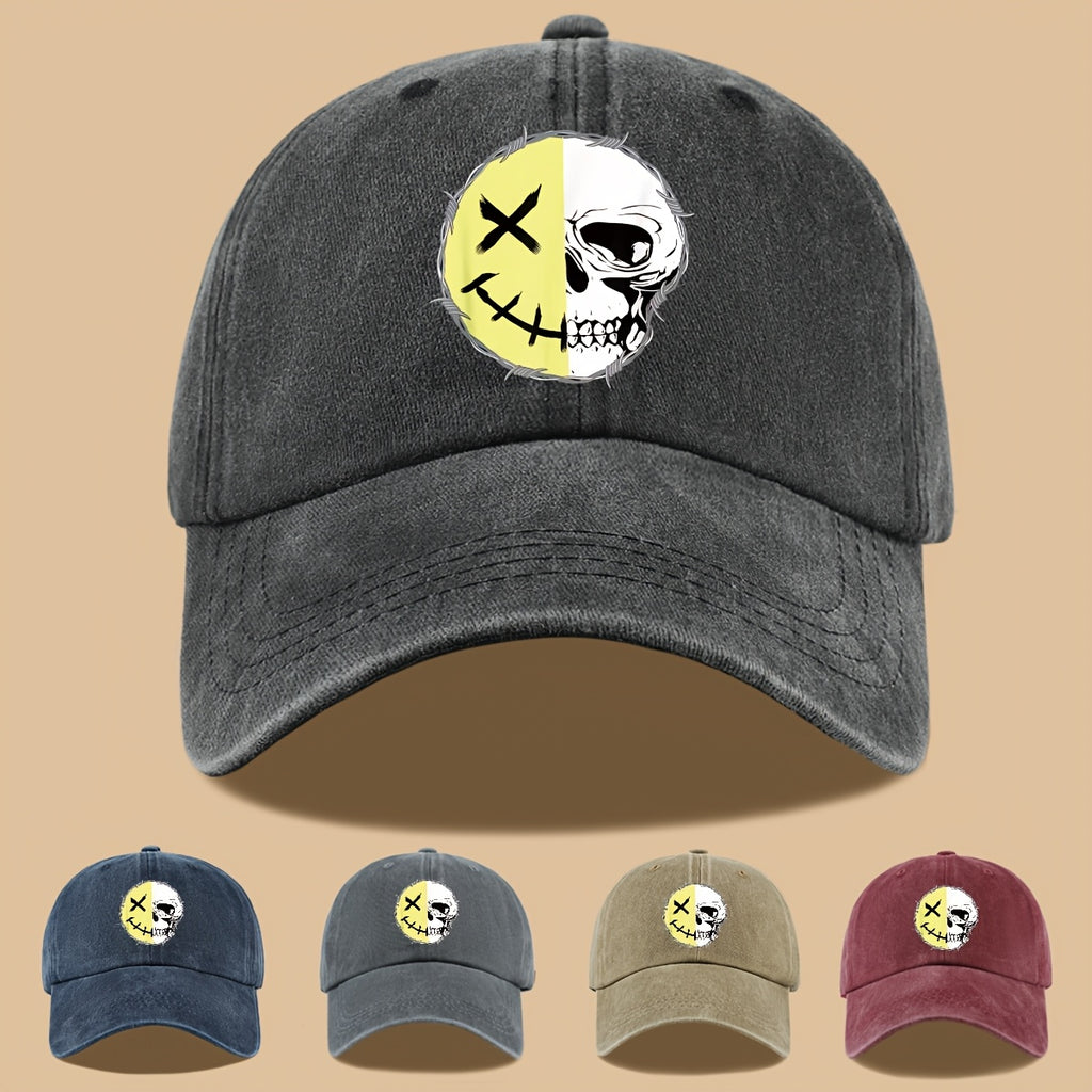 1pc Creative Smiling Face Half Skull Print Baseball Cap, Urban Casual Headwear, Individual All-Match Casual Clothing Accessory, Men And Women Outdoor Universal Dad Hat, Adjustable Size, Breathable Comfortable Vintage Black Papa Trucker Hat