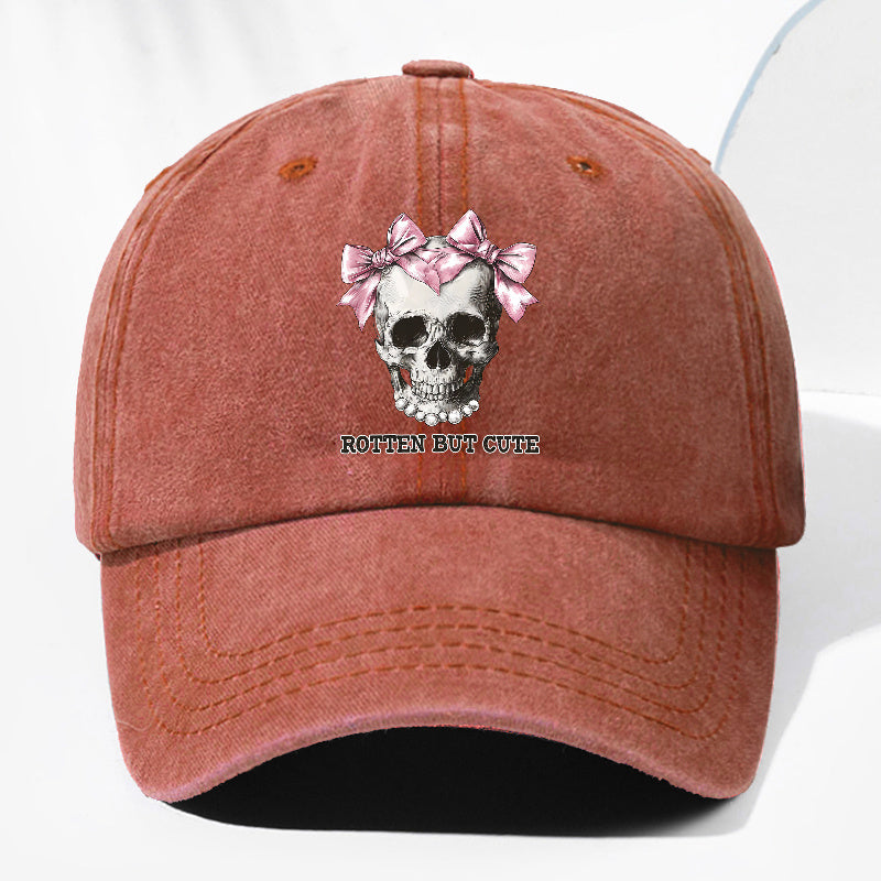 Unisex ROTTE BUT CUTE Letter Skull Print Washed Vintage Baseball Cap Fashion Men Women Sun Hat Adjustable Size Trucker Hat Suitable for All Seasons Daily Wear