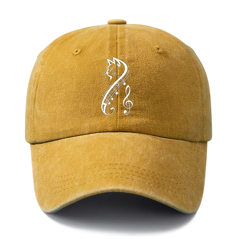A Unisex Fashionable and Versatile Printed Cat and Musical Note Baseball Cap, Featuring a Classic Vintage Washed Lightweight Outdoor Curved Brim. This Trucker Baseball Cap Is Suitable for Casual Occasions Such as Outdoor Vacations