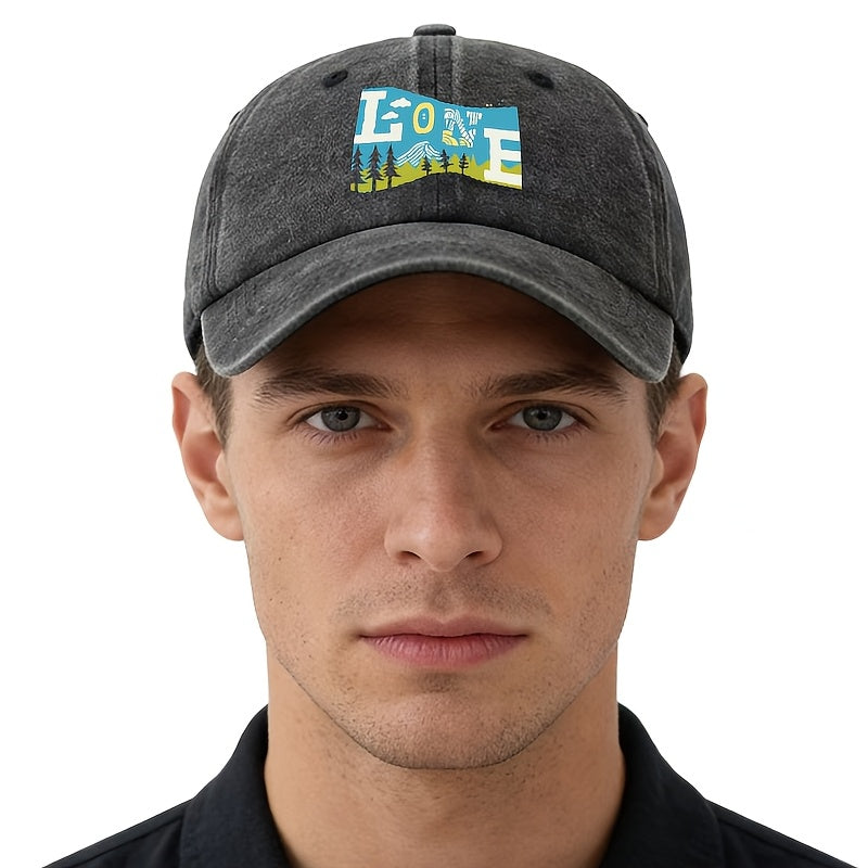 Unisex Fashion Versatile Printed LOVE Outdoor Baseball Cap, Classic Retro Washed Outdoor Lightweight Curved Brim Hat, Trucker Cap, Suitable for Outdoor Vacation Travel Camping And Other Casual Occasions, Holiday Party Hip-Hop Hat
