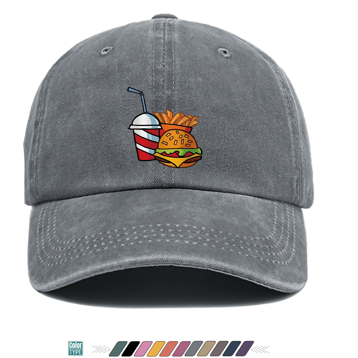 1pc Fast Food Theme Hamburger Fries Drink Print Baseball Cap, Fashion Trendy Sun Hat, Easy Personalized Design, Unisex Duckbill Cap, Adjustable Size, Street Style Hip-Hop Hat, Casual Sunshade Hat, Suitable for Shopping, Parties, Picnics, Travel