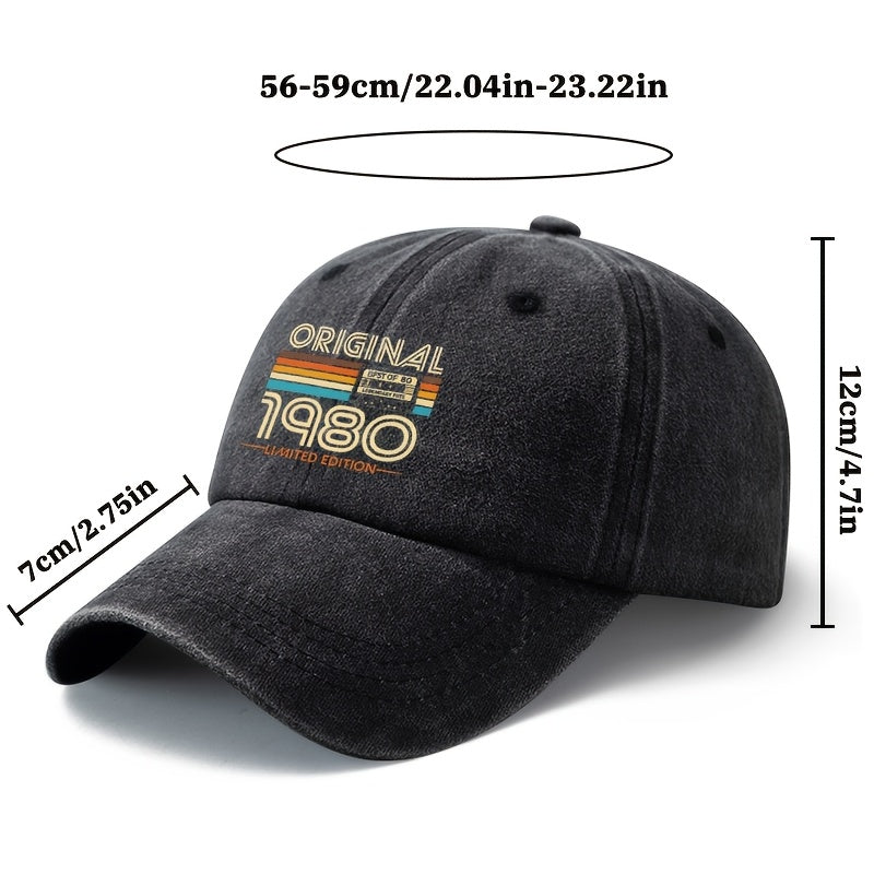 A Unisex, Stylish, and Versatile ORIGINAL 1980 Printed Baseball Cap. This Classic Vintage-washed Outdoor Lightweight Curved-brim Hat Is Also Known as a Trucker Cap. Suitable for Casual Occasions Like Outdoor Vacations, Travel, and Camping, It Also
