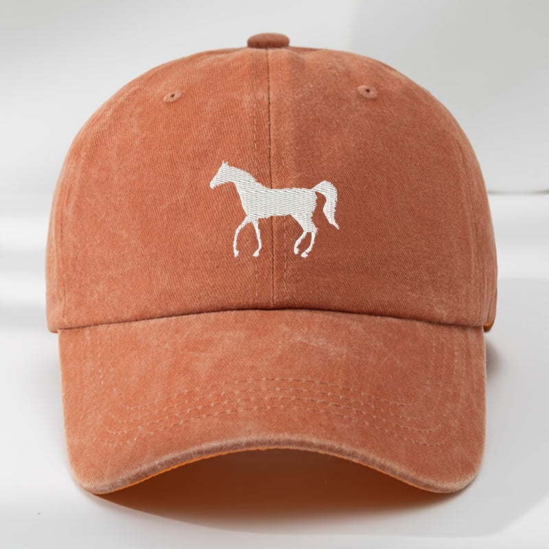 High-Quality White Horse Embroidered Baseball Cap, Washed Vintage Adjustable Duckbill Hat, Soft Top, Breathable, Sweat-Absorbing, Sun-Protective Trendy Hat