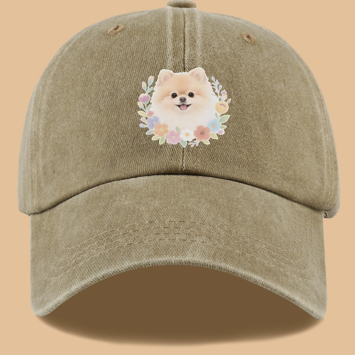 1pc Cute Pomeranian Dog Floral Surround Print Baseball Cap, Adorable Cartoon Breathable Sun Hat, Fashionable Fresh Aesthetic Unisex Cap, Adjustable Size Casual Streetwear, Campus Student Hat, Suitable for Daily Commuting, Park Outings