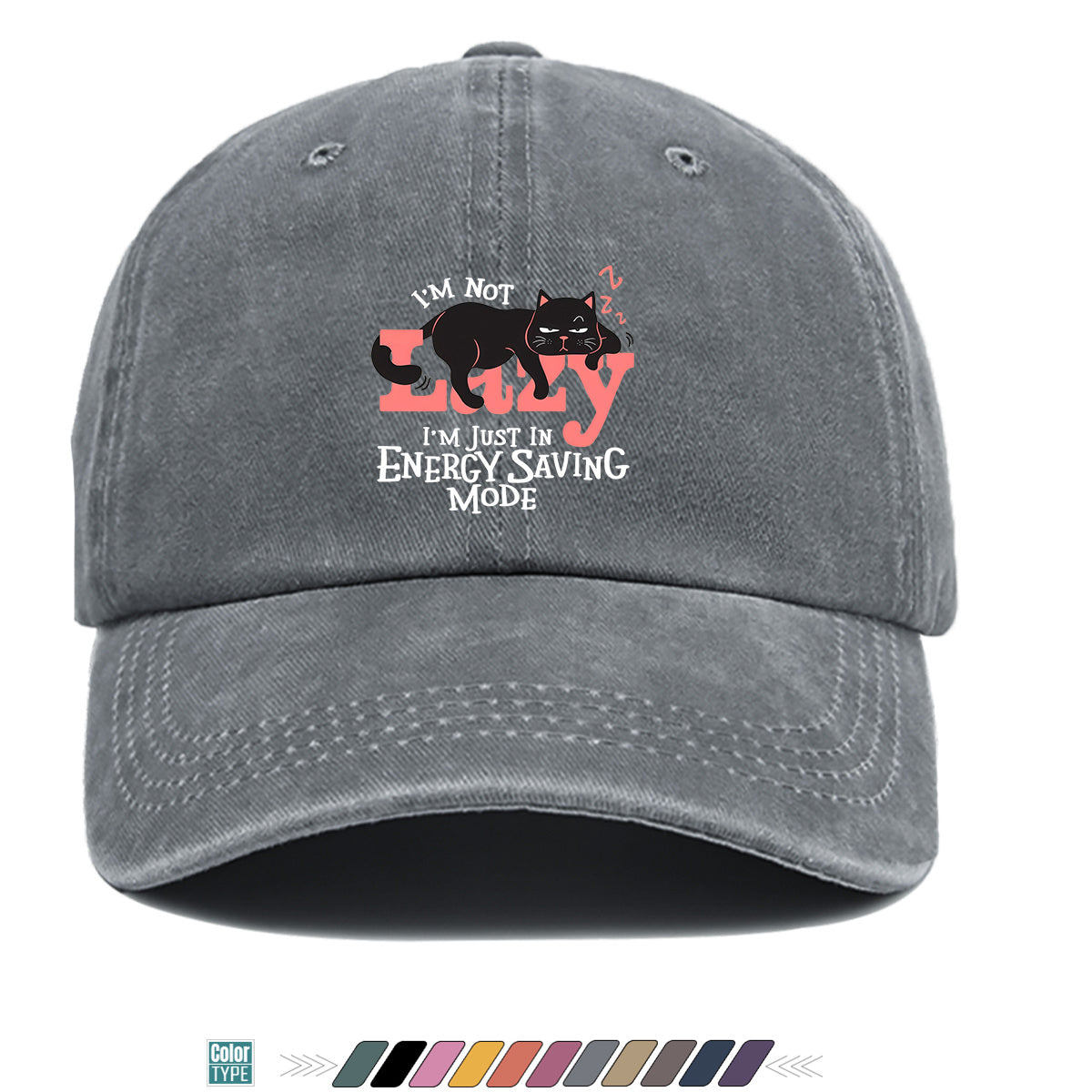 1pc "LAZY" Letter Print Baseball Cap with Lazy Black Cat Print, Fashionable Casual Duckbill Cap, Unisex Adjustable Street Style Sun Hat, for Daily Outings, Café Lounging, Weekend Lounging, Friend Gatherings, Daily Wear, Shopping, Park Strolls