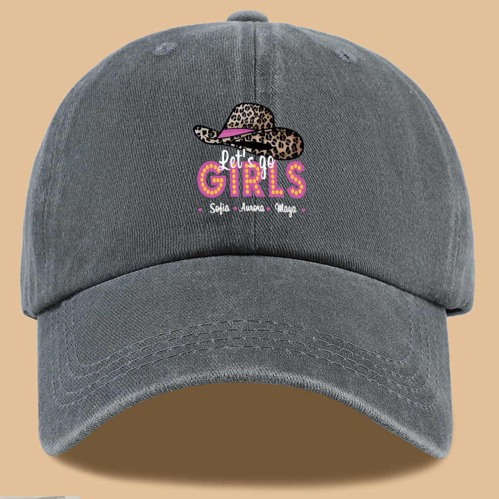 1pc Leopard Print Wide Brim Baseball Cap, Pink Brim with "Let'S Go GIRLS" Neon Style Letters, Adorned with Sofia, Aurora, Maya Names. Fashionable And Individual Sun Hat, Adjustable Size. Bestie Outing Hat, Sister Gathering Hat