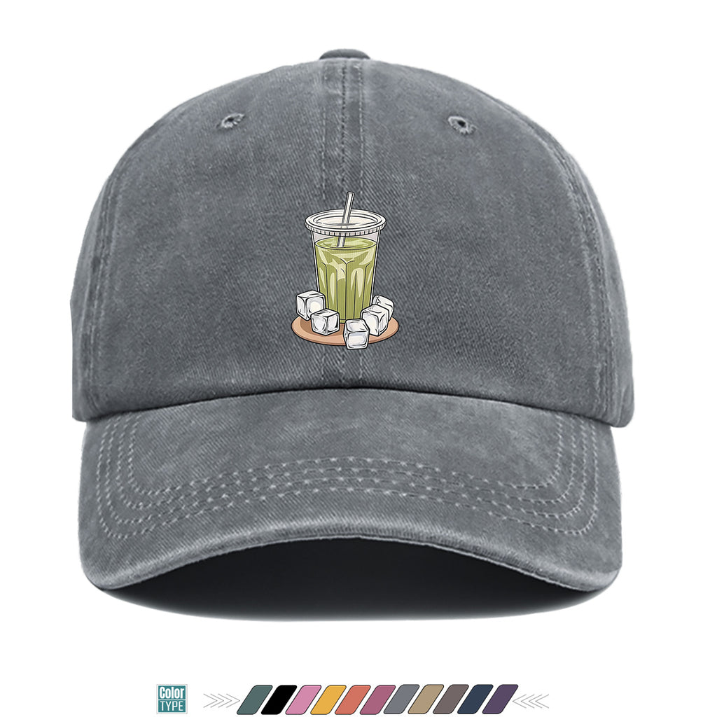 1pc Teal Green Beverage Print Baseball Cap, Featuring a Cup with a Straw, Ice Cubes Scattered Near the Cup, and a Colorful Striped Background. A Stylish and Casual Sun Hat, Unisex and Adjustable. Suitable for Street Trendsetters, Coffee Lovers