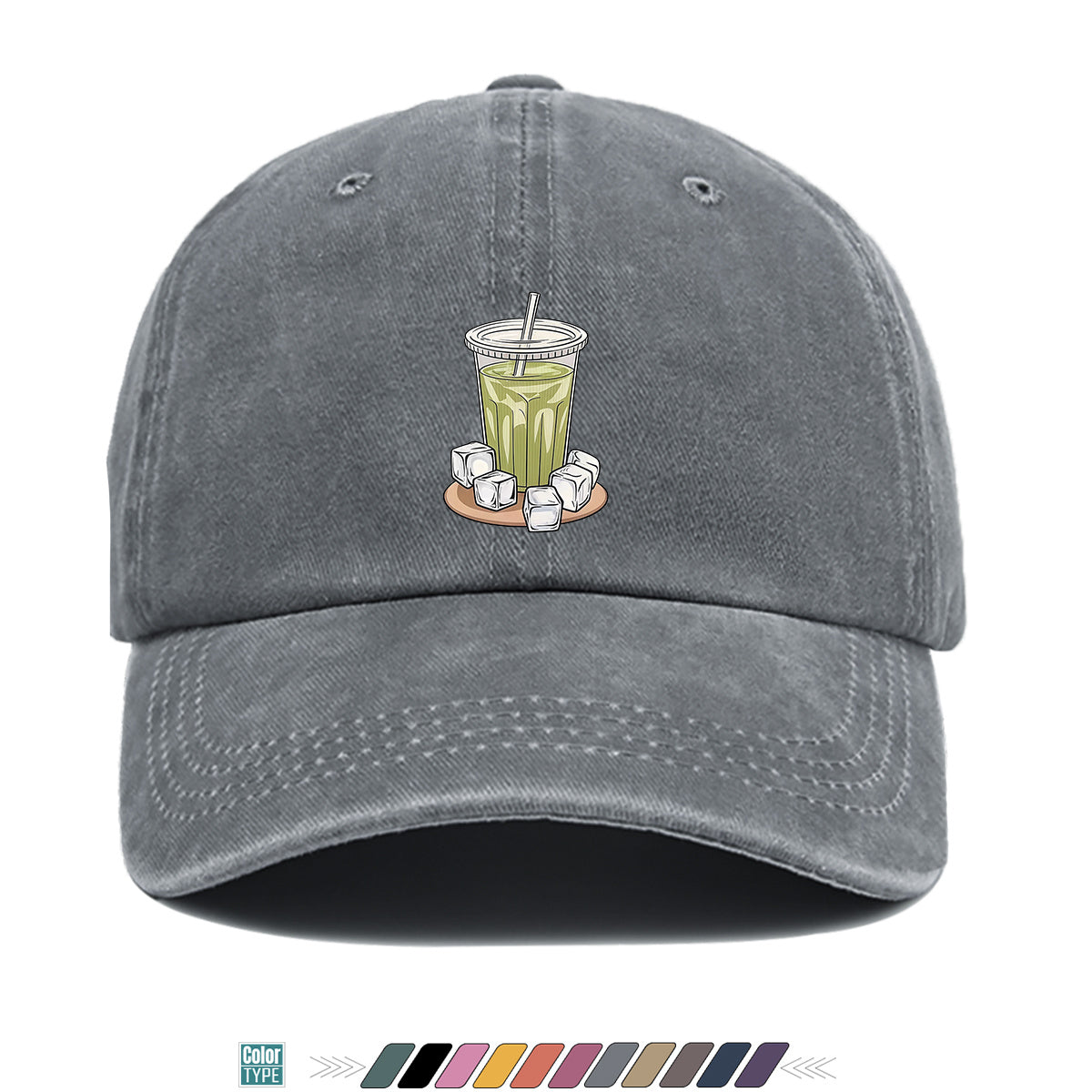 1pc Teal Green Beverage Print Baseball Cap, Featuring a Cup with a Straw, Ice Cubes Scattered Near the Cup, and a Colorful Striped Background. A Stylish and Casual Sun Hat, Unisex and Adjustable. Suitable for Street Trendsetters, Coffee Lovers