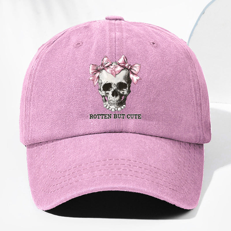 Unisex ROTTE BUT CUTE Letter Skull Print Washed Vintage Baseball Cap Fashion Men Women Sun Hat Adjustable Size Trucker Hat Suitable for All Seasons Daily Wear