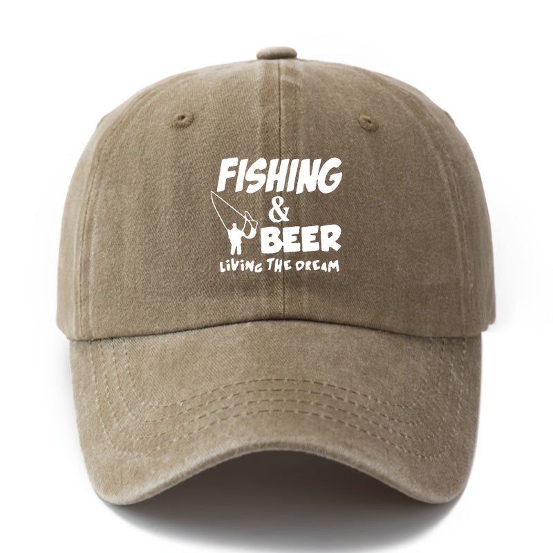 A Unisex Fashionable and Versatile Printed "FISHING&BEER" Baseball Cap, Featuring a Classic Vintage Washed Outdoor Lightweight Curved Brim Design. Suitable for Outdoor Vacations, Travel, Camping, and Other Casual Occasions. Ideal for Holiday Parties