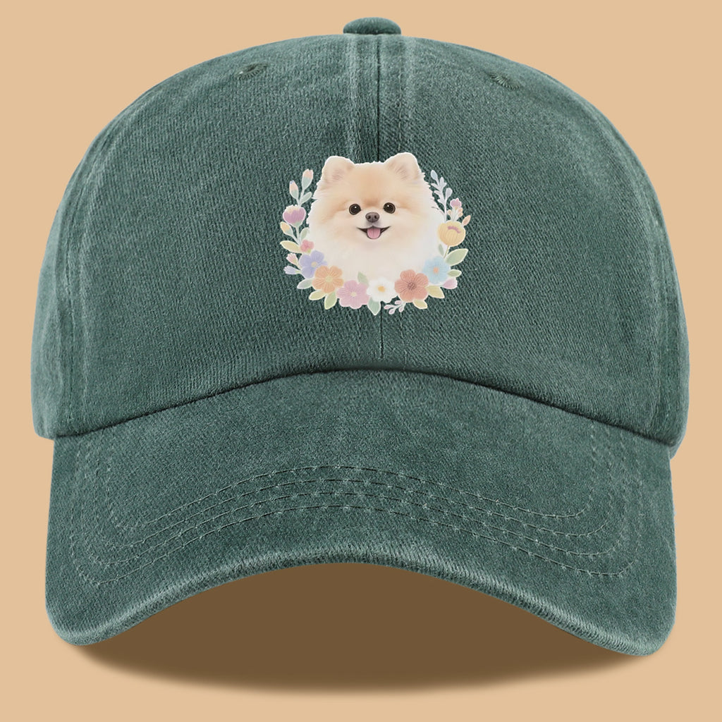 1pc Cute Pomeranian Dog Floral Surround Print Baseball Cap, Adorable Cartoon Breathable Sun Hat, Fashionable Fresh Aesthetic Unisex Cap, Adjustable Size Casual Streetwear, Campus Student Hat, Suitable for Daily Commuting, Park Outings