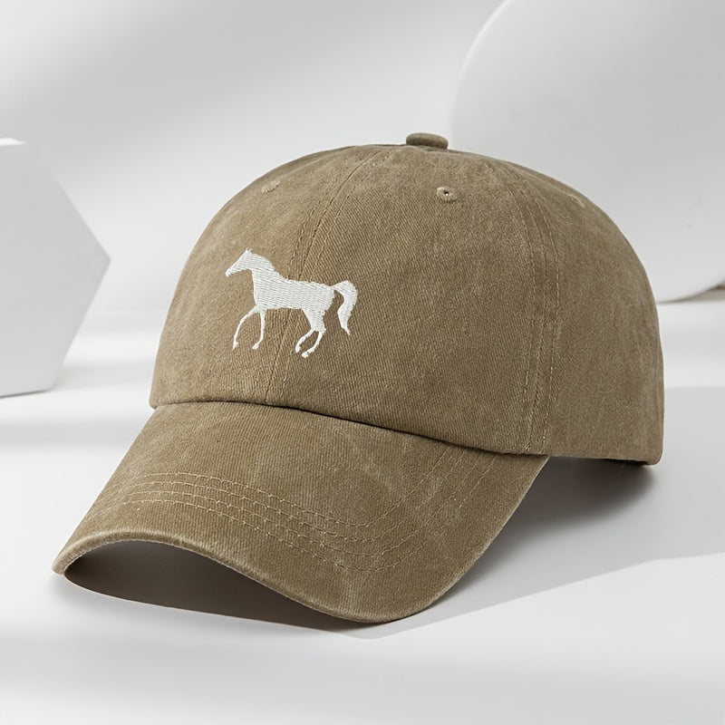 High-Quality White Horse Embroidered Baseball Cap, Washed Vintage Adjustable Duckbill Hat, Soft Top, Breathable, Sweat-Absorbing, Sun-Protective Trendy Hat