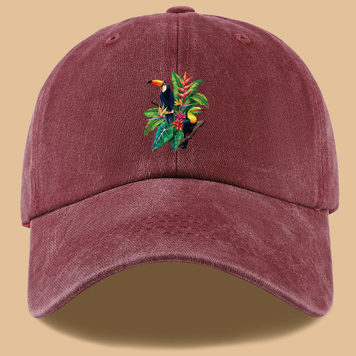 1pc Tropical Rainforest Theme Toucan Print Baseball Cap, Tropical Plant Floral Pattern Sun Hat, Fashionable And Individual Aesthetic Unisex Baseball Cap, Adjustable Size Outdoor Casual Sun Hat, Suitable for Vacation, Travel, Camping, Picnic