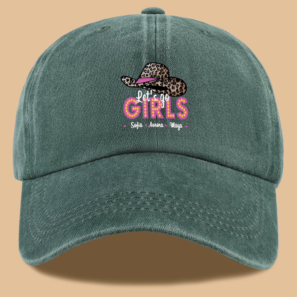 1pc Leopard Print Wide Brim Baseball Cap, Pink Brim with "Let'S Go GIRLS" Neon Style Letters, Adorned with Sofia, Aurora, Maya Names. Fashionable And Individual Sun Hat, Adjustable Size. Bestie Outing Hat, Sister Gathering Hat
