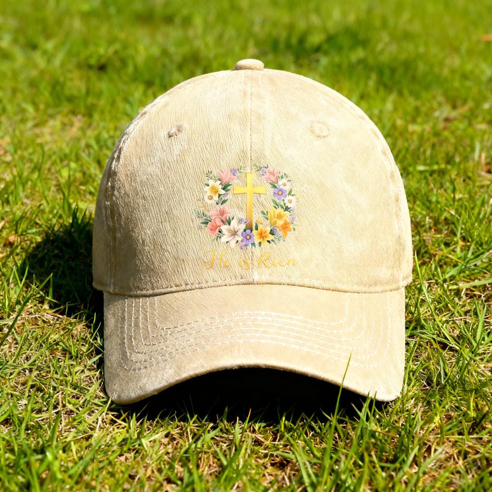 Unisex Baseball Cap, "He Is Risen" Christian Baseball Cap, Adorned with Wildflowers And Scripture - Adjustable, Breathable, Vintage Religious Cap, Suitable for Church, Easter Gift, Everyday Wear, Machine Washable, All-Season Casual Hat