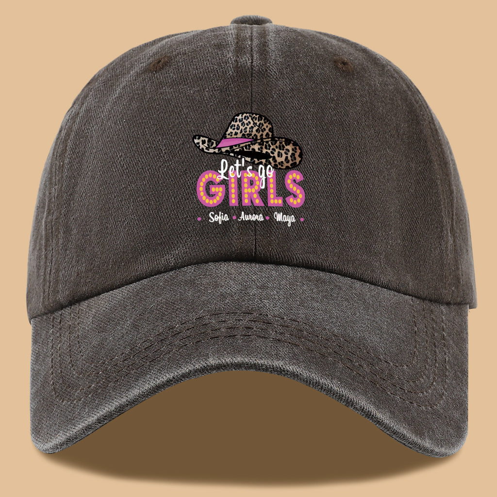 1pc Leopard Print Wide Brim Baseball Cap, Pink Brim with "Let'S Go GIRLS" Neon Style Letters, Adorned with Sofia, Aurora, Maya Names. Fashionable And Individual Sun Hat, Adjustable Size. Bestie Outing Hat, Sister Gathering Hat