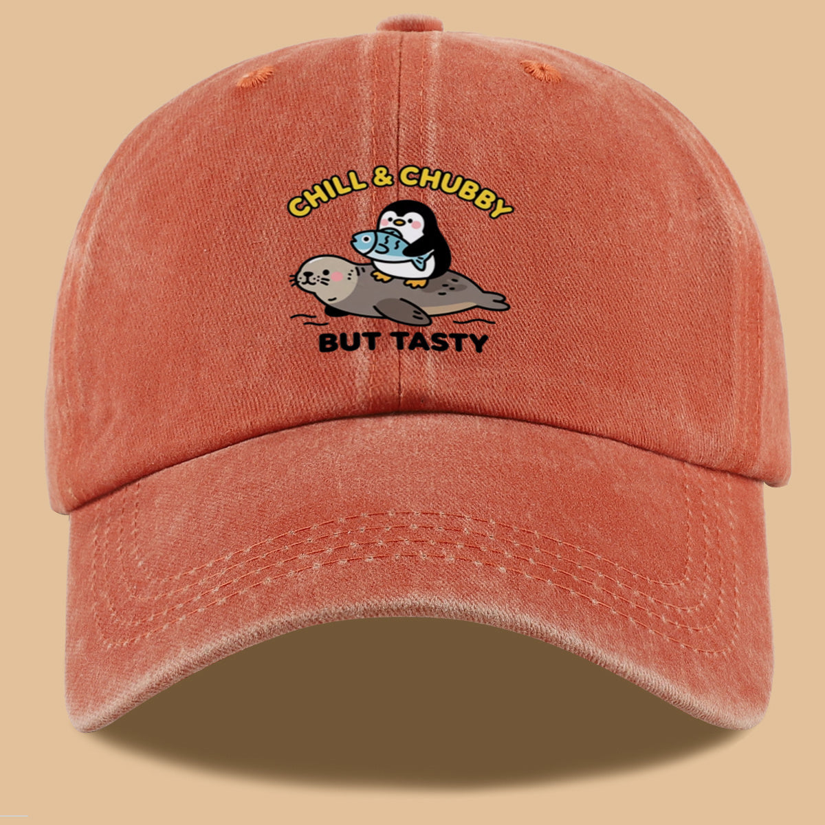 1pc 1pcs "CHILL & CHUBBY BUT TASTY" Penguin Hugging Fish on Seal Print Baseball Cap - Cute Duckbill Cap Suitable for Daily Outfits, Beach Vacations, Student Style, Adjustable Unisex Hat for &, Creative, Park Picnics