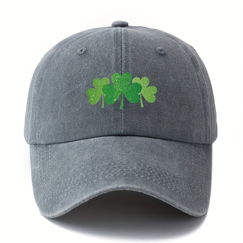 Green Clover Print Adjustable Snapback Cap - Outdoor Textile Hat with Four- Clover, Comfortable Casual Wear for, Camping, Travel, Ideal Gift Suitable for Couples & Outdoor Activities