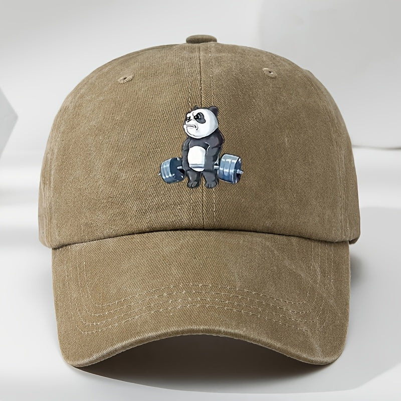 Cartoon Panda Print Baseball Cap with Panda Face - Washed Distressed Flat Brim Hat, Soft Top Moisture-Wicking Breathable Cap Suitable for, Casual Wear & Panda-Themed Outfits