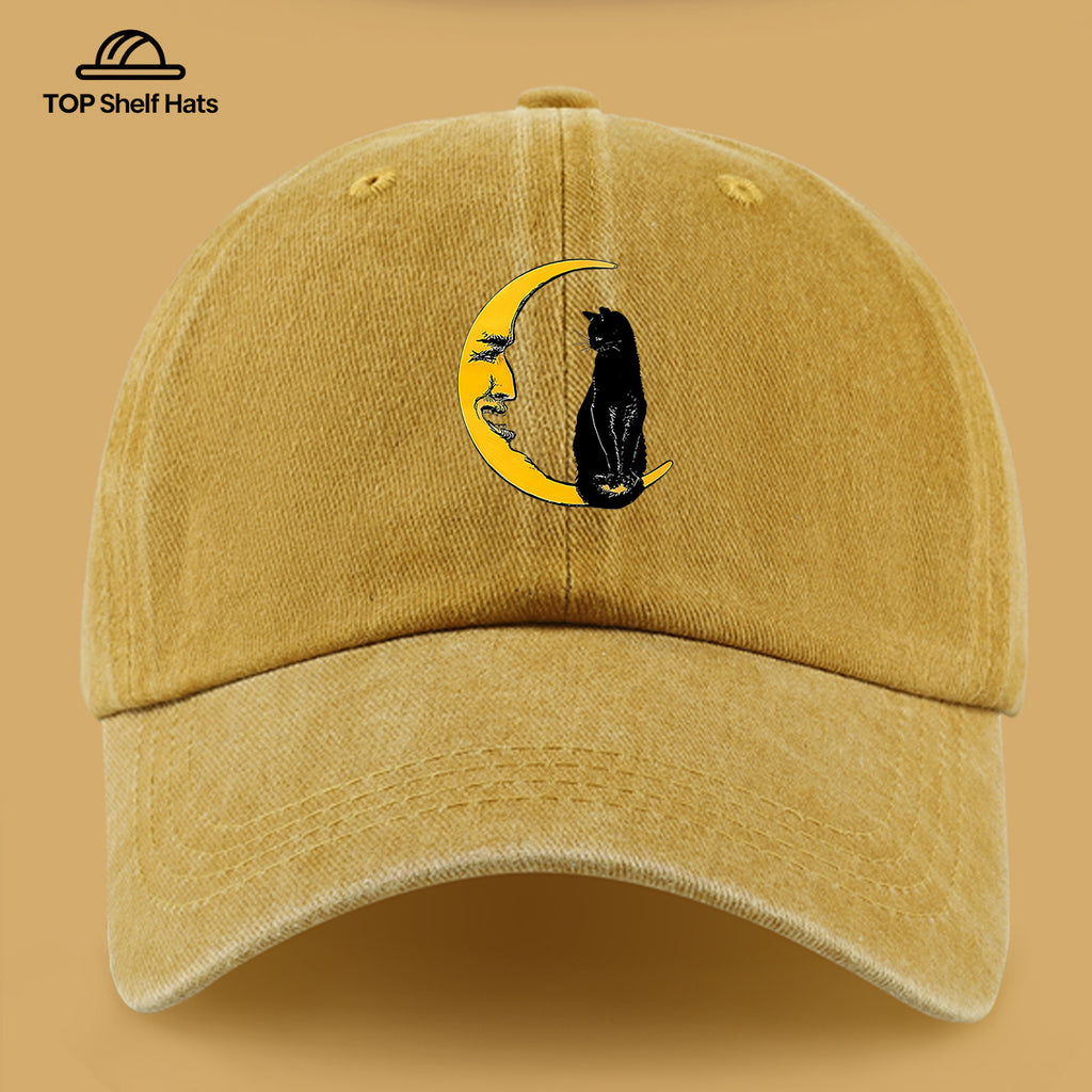 1pc Moon Cat Print Baseball Cap, Creative Illustration Sun Hat, Lightweight Comfortable Breathable Adjustable Size, Black PAPA Truck Driver Retro Dad Hat, Mom Beach Vacation Sun Hat, Youth Couple Outdoor Skate Hat