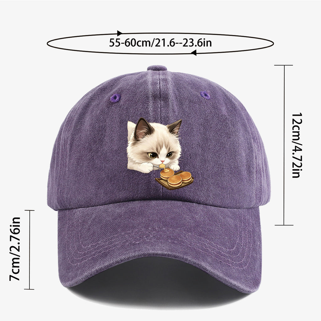 1pc 1pcs Cat Eating Muffin Baseball Cap with Kitten Print - Adjustable Unisex Hat Suitable for Men & Women, Cute, Streetwear, Café Outfits, Daily Wear, Fashionable Cap for Bestie Gatherings & Weekend Outings