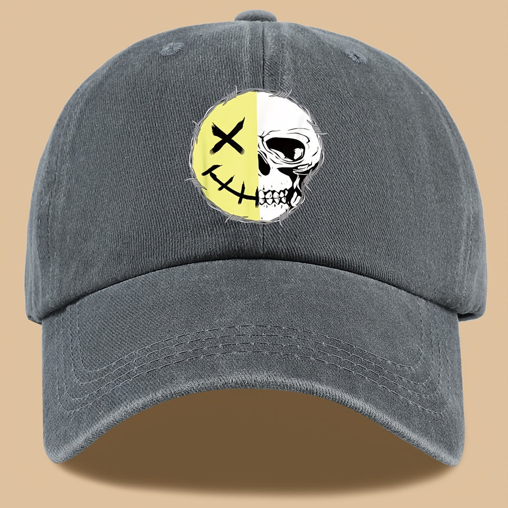 1pc Creative Smiling Face Half Skull Print Baseball Cap, Urban Casual Headwear, Individual All-Match Casual Clothing Accessory, Men And Women Outdoor Universal Dad Hat, Adjustable Size, Breathable Comfortable Vintage Black Papa Trucker Hat