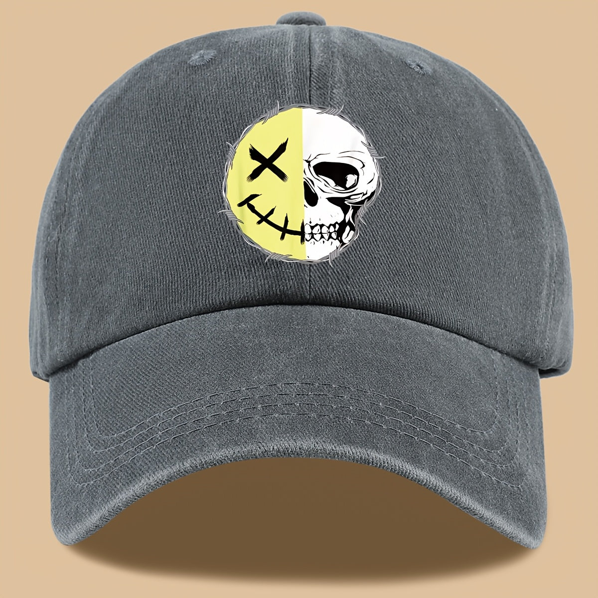1pc Creative Smiling Face Half Skull Print Baseball Cap, Urban Casual Headwear, Individual All-Match Casual Clothing Accessory, Men And Women Outdoor Universal Dad Hat, Adjustable Size, Breathable Comfortable Vintage Black Papa Trucker Hat