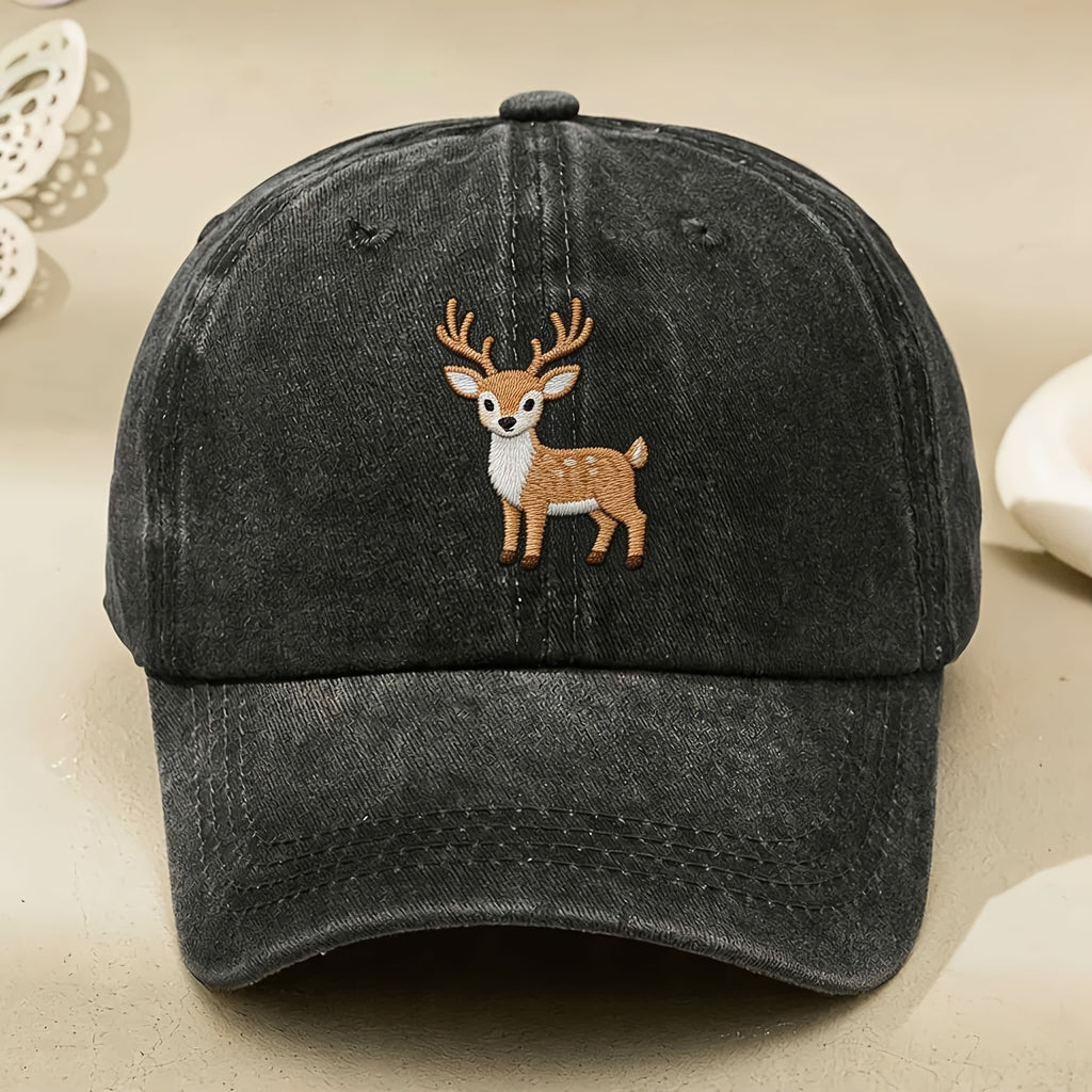 Cute Deer Embroidered Vintage Washed Baseball Cap for Men Women Casual Street Style Outdoor Anniversary Gift