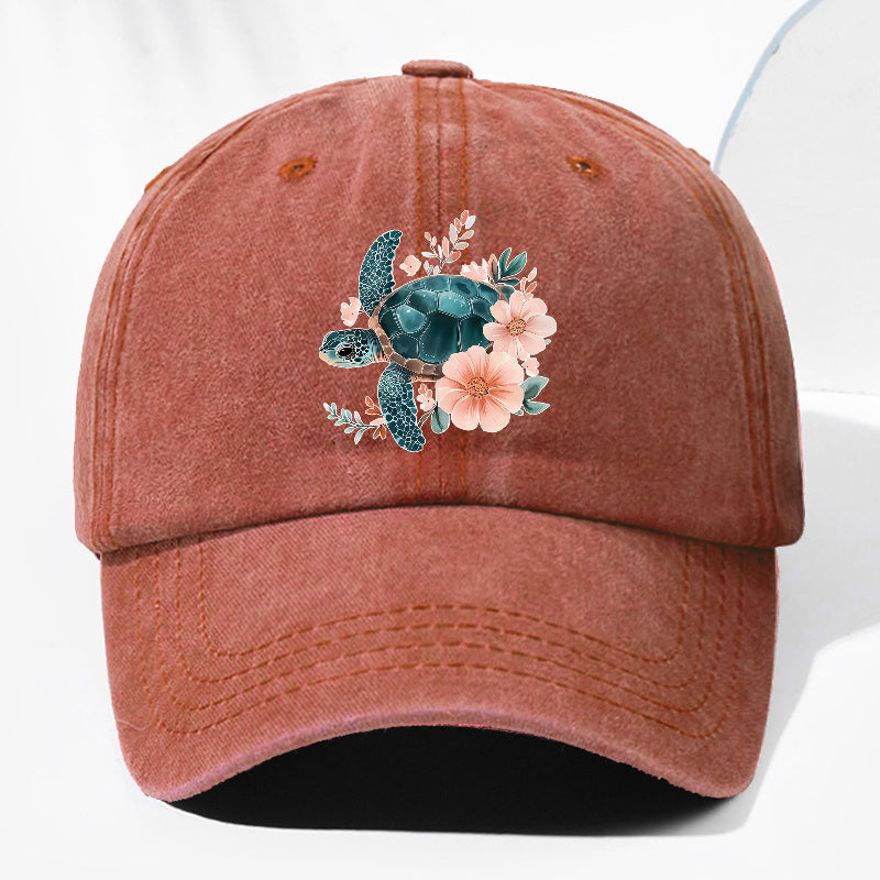 Unisex Floral Turtle Animal Print Washed Vintage Baseball Cap Fashion Men Women Sun Hat Adjustable Size Trucker Cap Suitable for All Seasons Daily Wear