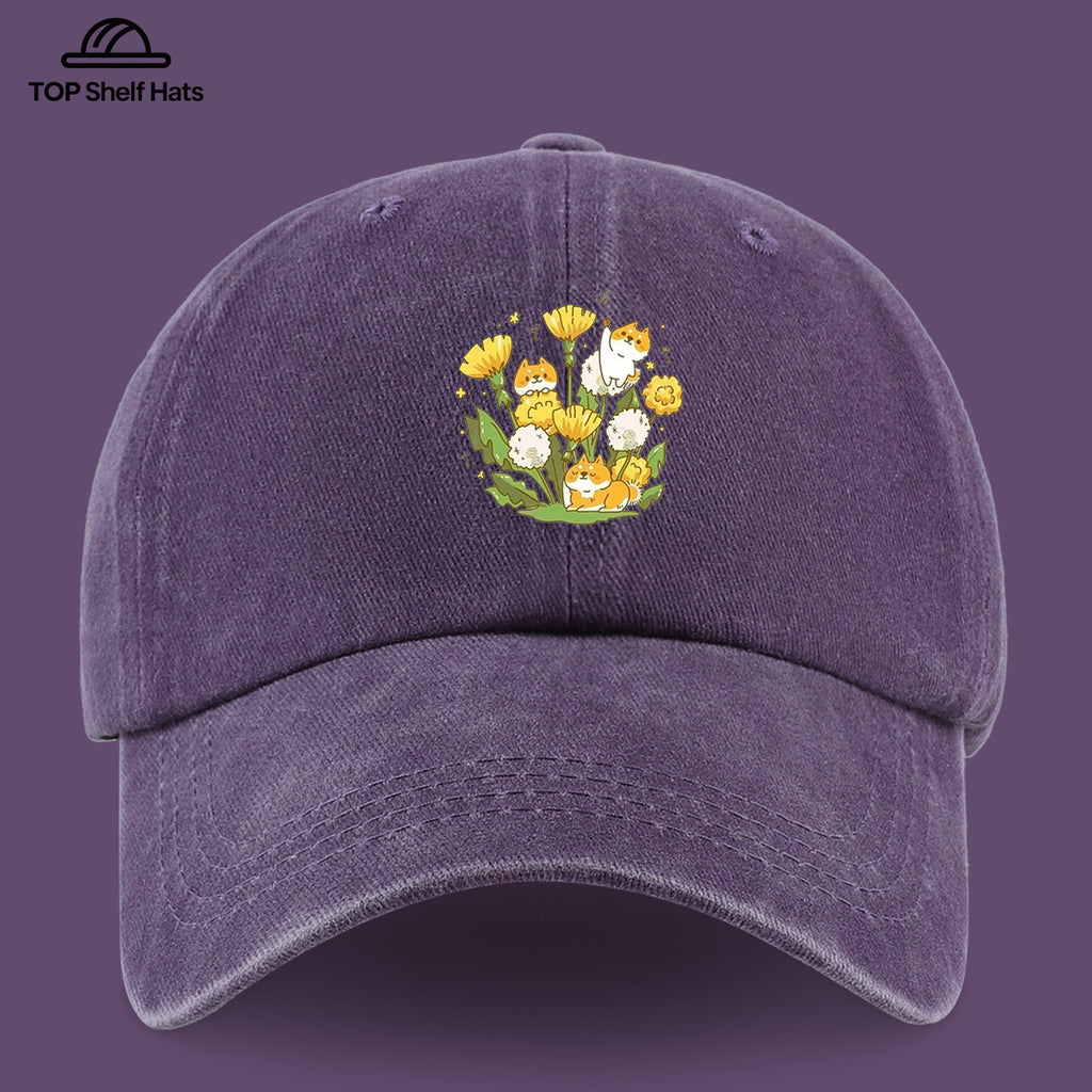 1pc Shiba Inu Dandelion Flower Patch Baseball Cap, Cute Pet Pattern Sun Hat, Fashionable Fresh And Beautiful Unisex Baseball Cap, Adjustable Size, Casual Shopping Hat, Travel Photography Hat, Suitable for Outdoor Picnics, Camping, Travel