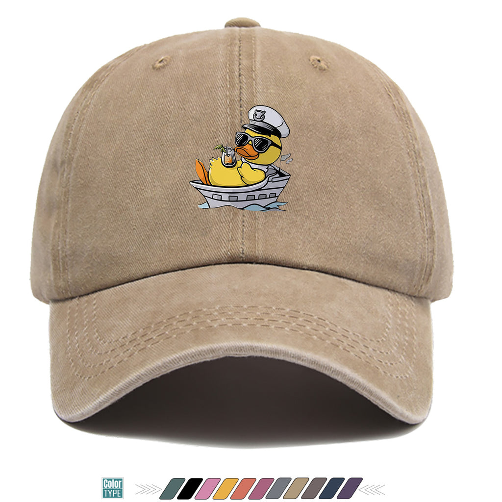 1pc Cartoon Captain Duck Printed Baseball Cap, Yellow Duck Wearing Captain Hat And Glasses, Sitting on Yacht with Drink, Fun Trendy Sun Hat, Unisex Adjustable Casual Street Fashion Hat, Outdoor Play Vacation Hat, Beach Seaside Sunshade Hat