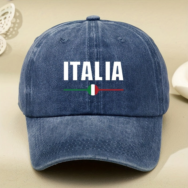 Italian White Letter Print Washed Vintage Baseball Cap, Casual Soft-Top Curved Brim Baseball Cap, Outdoor Duckbill Cap, Unisex Driver'S Cap, Distressed Washed Hat, Men'S Hat, Women'S Hat