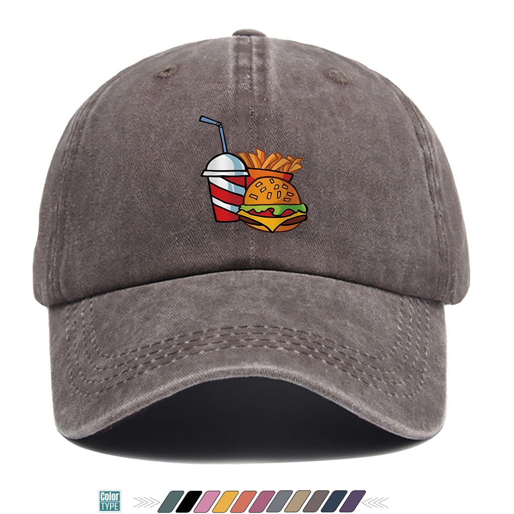 1pc Fast Food Theme Hamburger Fries Drink Print Baseball Cap, Fashion Trendy Sun Hat, Easy Personalized Design, Unisex Duckbill Cap, Adjustable Size, Street Style Hip-Hop Hat, Casual Sunshade Hat, Suitable for Shopping, Parties, Picnics, Travel