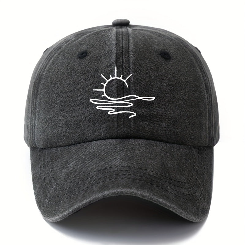 One Size Fits Most Washed Printing Sun Pattern Baseball Cap, Fashionable Curved Brim Hat, Suitable for Outdoor Vacation Travel Camping Leisure Occasions, Truck Driver Baseball Cap