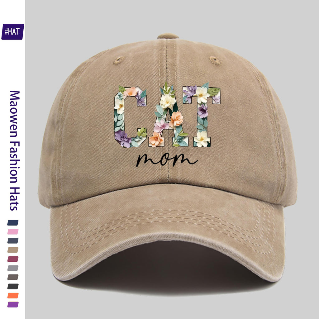 1 Washed Baseball Cap, Featuring a Floral Cat Mom Theme Iron-on Transfer Print Design, Vintage-style Distressed Baseball Cap for Autumn, Unisex Lightweight Outdoor Cap, Suitable for All-season Travel and Leisure, Adjustable Size Trucker Dad Hat, Idea