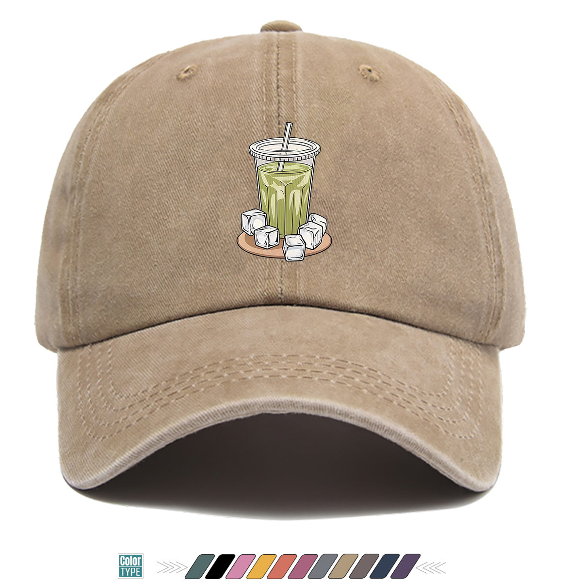 1pc Teal Green Beverage Print Baseball Cap, Featuring a Cup with a Straw, Ice Cubes Scattered Near the Cup, and a Colorful Striped Background. A Stylish and Casual Sun Hat, Unisex and Adjustable. Suitable for Street Trendsetters, Coffee Lovers