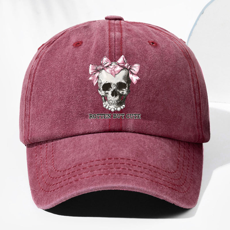 Unisex ROTTE BUT CUTE Letter Skull Print Washed Vintage Baseball Cap Fashion Men Women Sun Hat Adjustable Size Trucker Hat Suitable for All Seasons Daily Wear