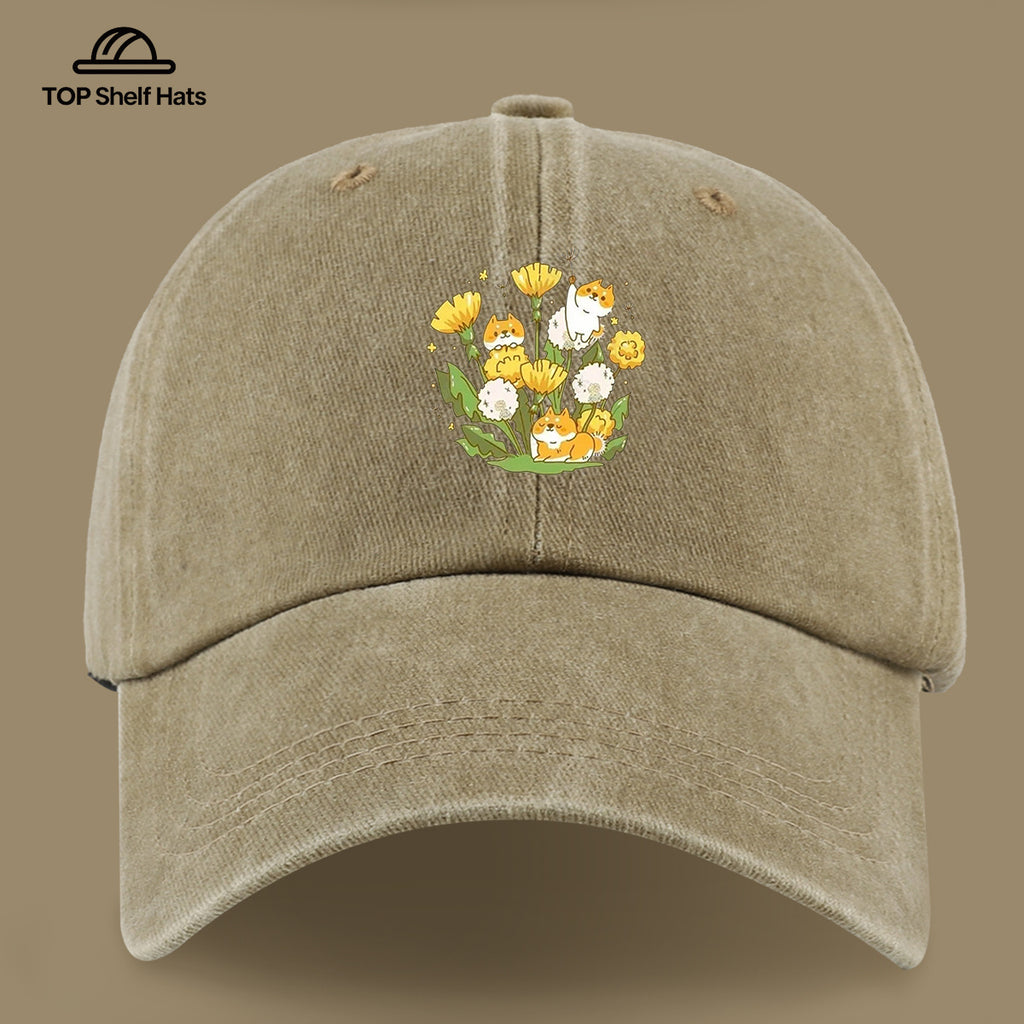 1pc Shiba Inu Dandelion Flower Patch Baseball Cap, Cute Pet Pattern Sun Hat, Fashionable Fresh And Beautiful Unisex Baseball Cap, Adjustable Size, Casual Shopping Hat, Travel Photography Hat, Suitable for Outdoor Picnics, Camping, Travel