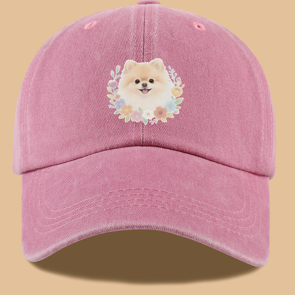 1pc Cute Pomeranian Dog Floral Surround Print Baseball Cap, Adorable Cartoon Breathable Sun Hat, Fashionable Fresh Aesthetic Unisex Cap, Adjustable Size Casual Streetwear, Campus Student Hat, Suitable for Daily Commuting, Park Outings