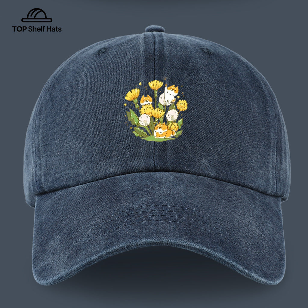 1pc Shiba Inu Dandelion Flower Patch Baseball Cap, Cute Pet Pattern Sun Hat, Fashionable Fresh And Beautiful Unisex Baseball Cap, Adjustable Size, Casual Shopping Hat, Travel Photography Hat, Suitable for Outdoor Picnics, Camping, Travel