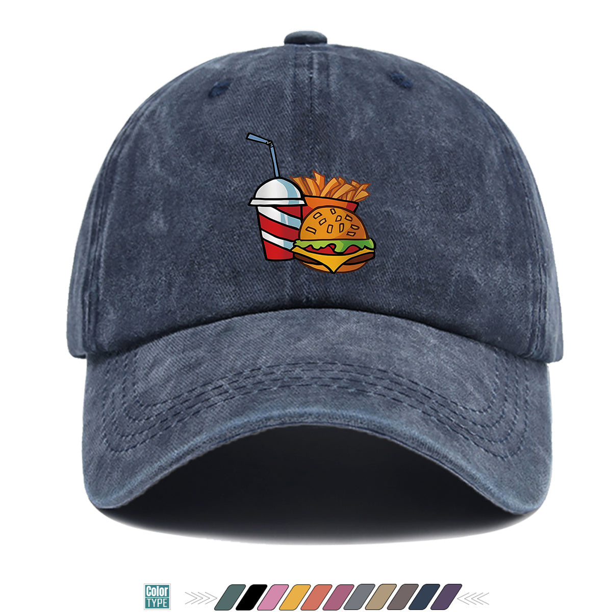 1pc Fast Food Theme Hamburger Fries Drink Print Baseball Cap, Fashion Trendy Sun Hat, Easy Personalized Design, Unisex Duckbill Cap, Adjustable Size, Street Style Hip-Hop Hat, Casual Sunshade Hat, Suitable for Shopping, Parties, Picnics, Travel