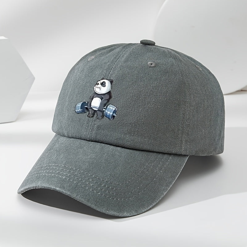 Cartoon Panda Print Baseball Cap with Panda Face - Washed Distressed Flat Brim Hat, Soft Top Moisture-Wicking Breathable Cap Suitable for, Casual Wear & Panda-Themed Outfits