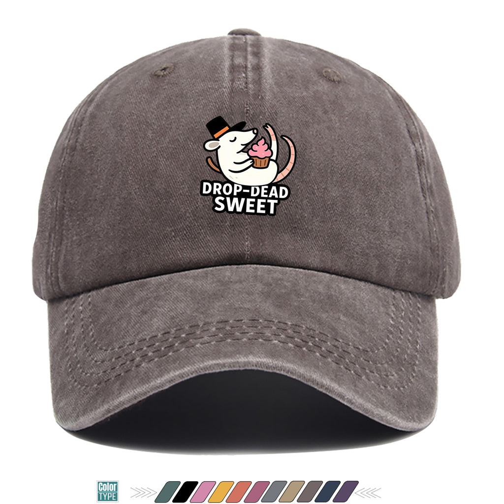 1pc 1pcs "DROP-DEAD SWEET" Mouse Top Hat & Cupcake Print Cap - Adjustable Unisex Baseball Hat Suitable for Parties, Travel, Daily Wear - Cute, Themed Outfits, Street Style for Men & Women (Powder Cream Cupcake)