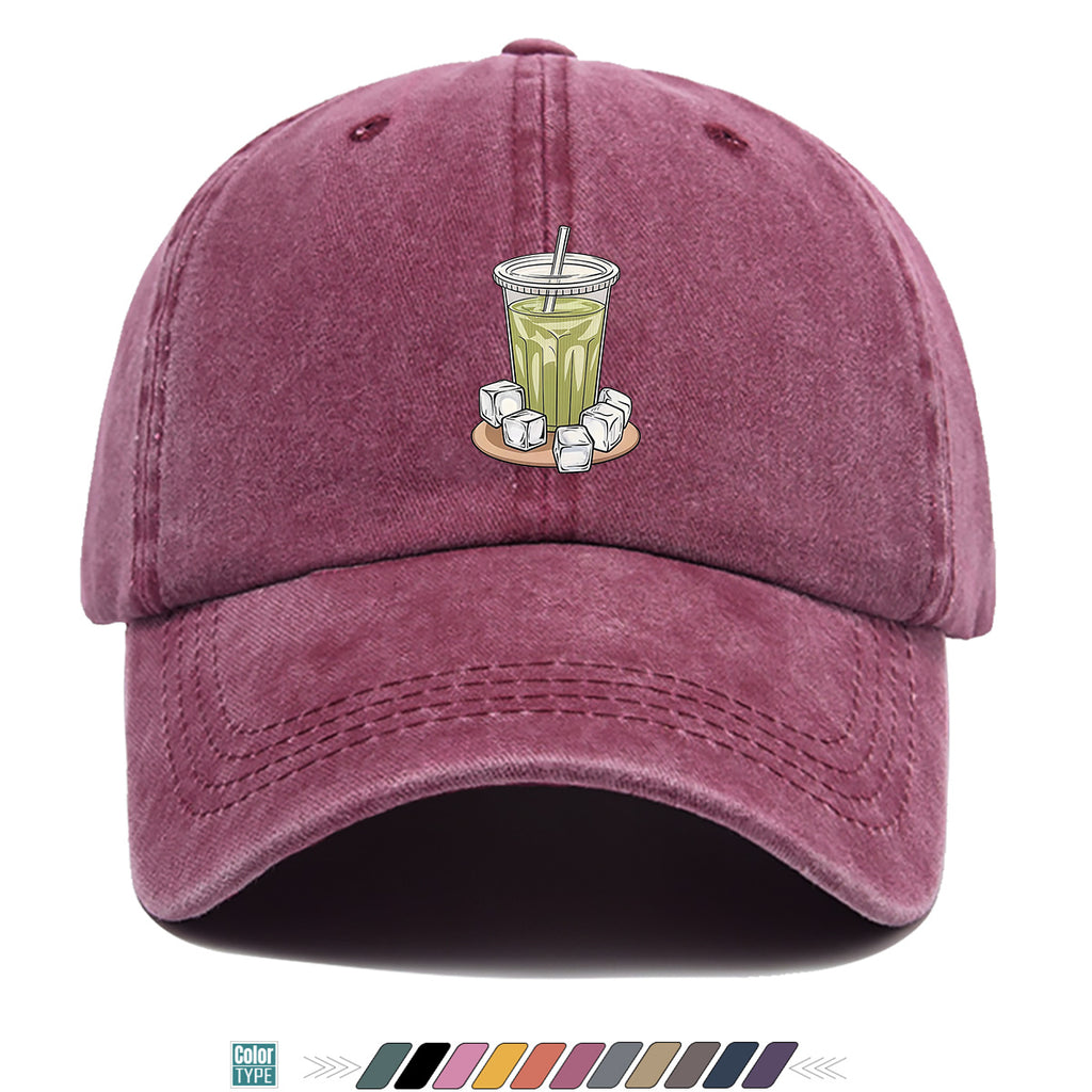 1pc Teal Green Beverage Print Baseball Cap, Featuring a Cup with a Straw, Ice Cubes Scattered Near the Cup, and a Colorful Striped Background. A Stylish and Casual Sun Hat, Unisex and Adjustable. Suitable for Street Trendsetters, Coffee Lovers