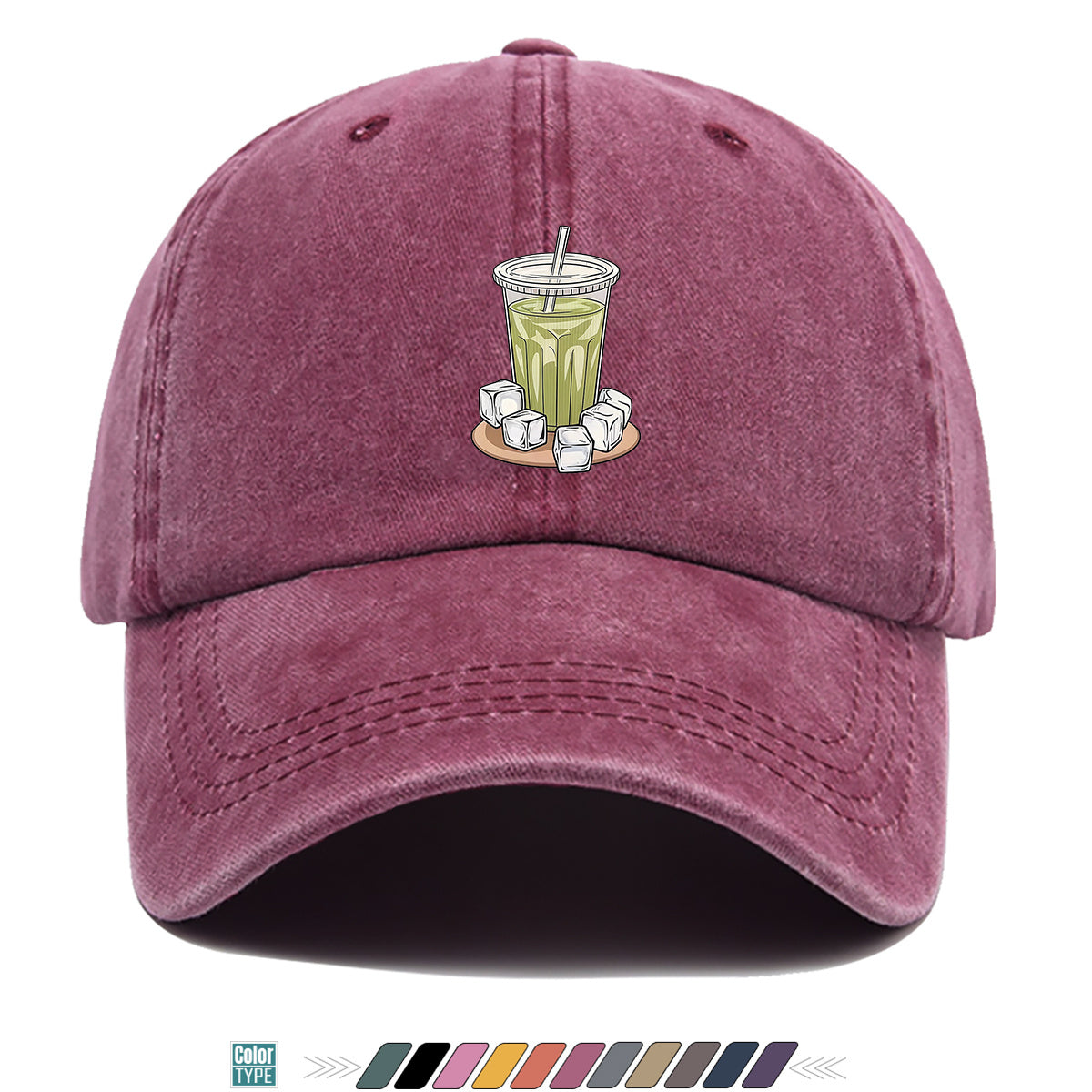 1pc Teal Green Beverage Print Baseball Cap, Featuring a Cup with a Straw, Ice Cubes Scattered Near the Cup, and a Colorful Striped Background. A Stylish and Casual Sun Hat, Unisex and Adjustable. Suitable for Street Trendsetters, Coffee Lovers