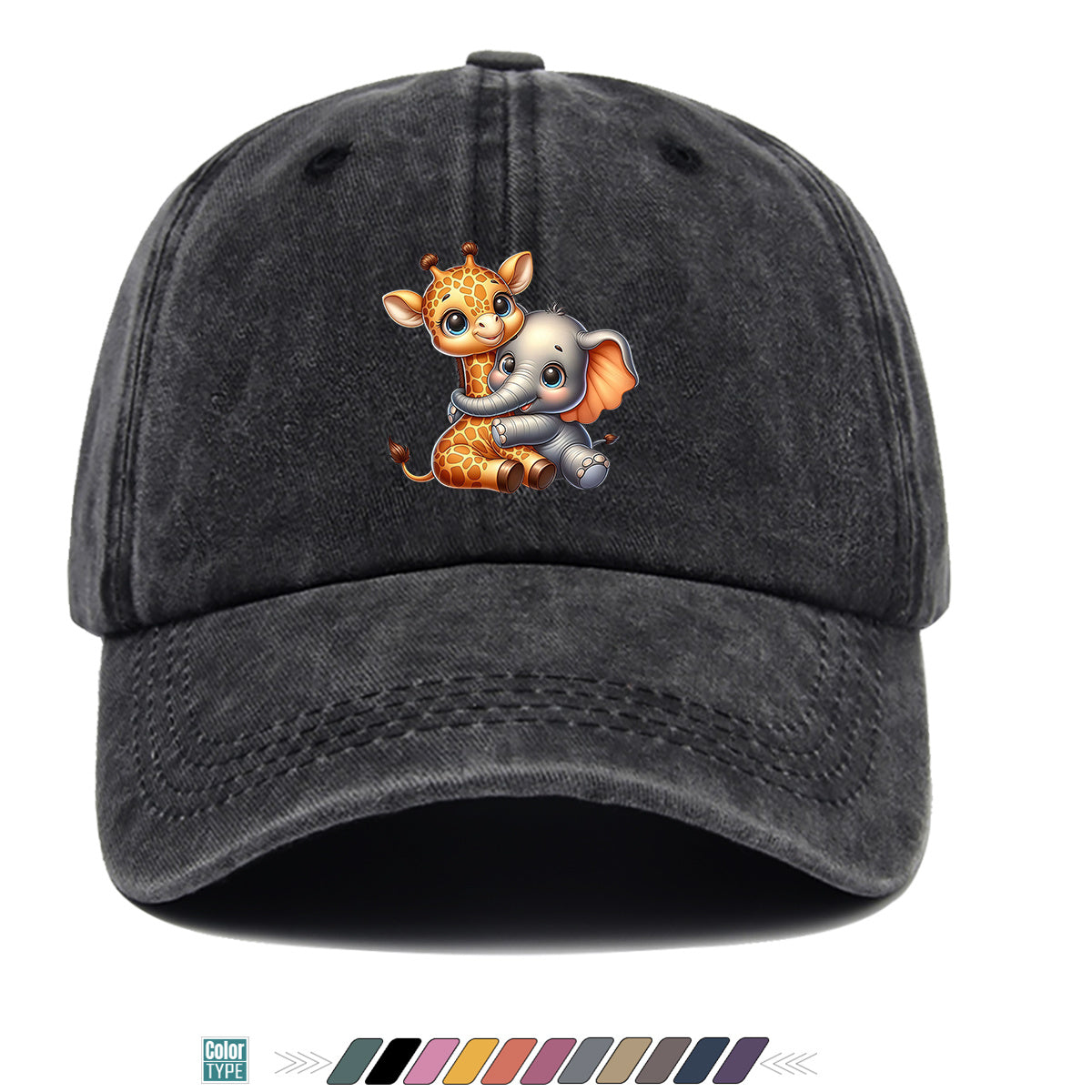 1pc Cartoon Giraffe and Baby Elephant Hugging Print Baseball Cap, Cute Animal Pattern Sun Hat, Stylish Casual Versatile Unisex Adjustable Snapback Cap, Outing Hat, Bestie Shopping Hat, Outdoor Picnic Hat, Amusement Park Hat, Birthday Holiday Gift